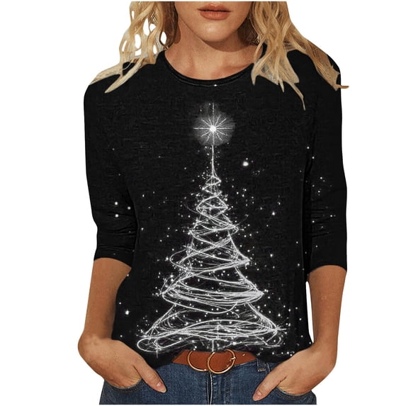 Womens Christmas Tree T Shirt Tops for Women 3/4 Sleeve Crew NeckVacation Xmas Tee Winter Fall 2026, Cozy Part