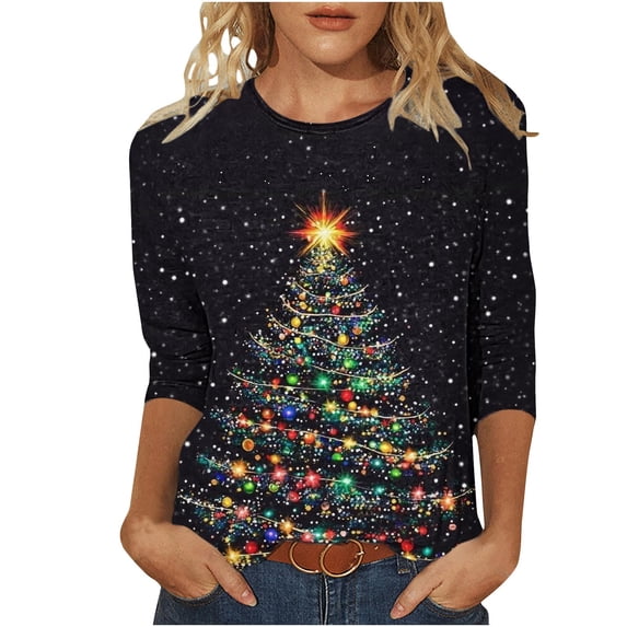 Womens Christmas Tree T Shirt Tops for Women 3/4 Sleeve Crew NeckVacation Xmas Tee Winter Fall 2026, Cozy Part