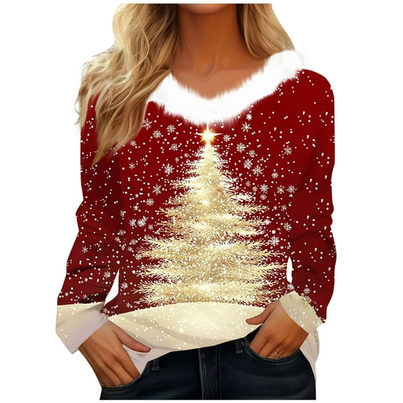 Womens Christmas Tree Tops Faux Fur Trim Graphic Xmas Long Sleeve Sweaters V Neck Fall Holiday Pullover, 3XL Red