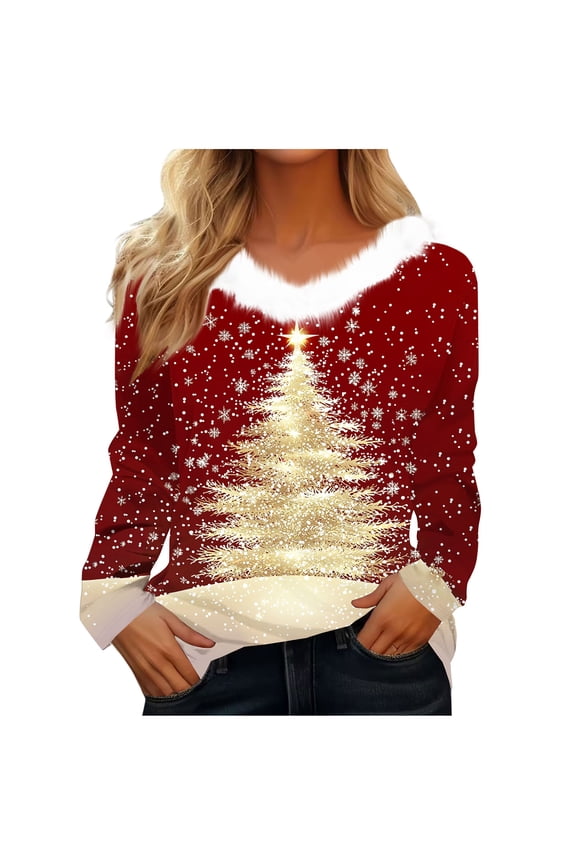Womens Christmas Tree Tops Faux Fur Trim Graphic Xmas Long Sleeve Sweaters V Neck Fall Holiday Pullover, 3XL Red