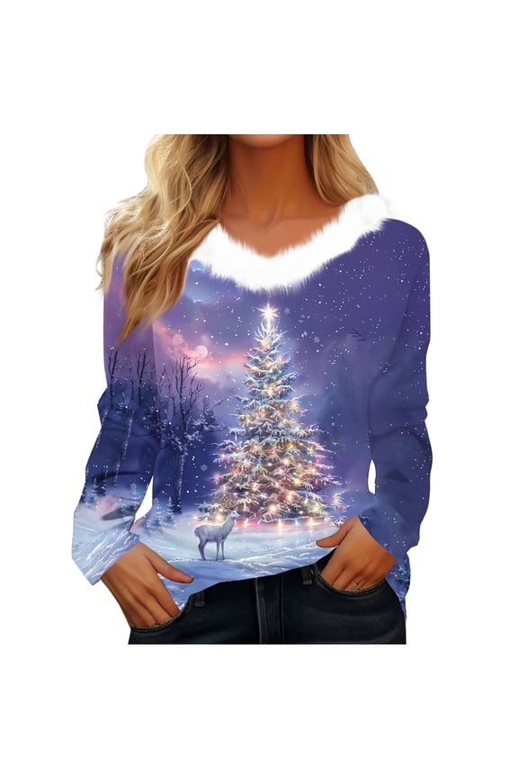 Womens Christmas Tree Tops Faux Fur Trim Graphic Xmas Long Sleeve Sweaters V Neck Fall Holiday Pullover, L Purple