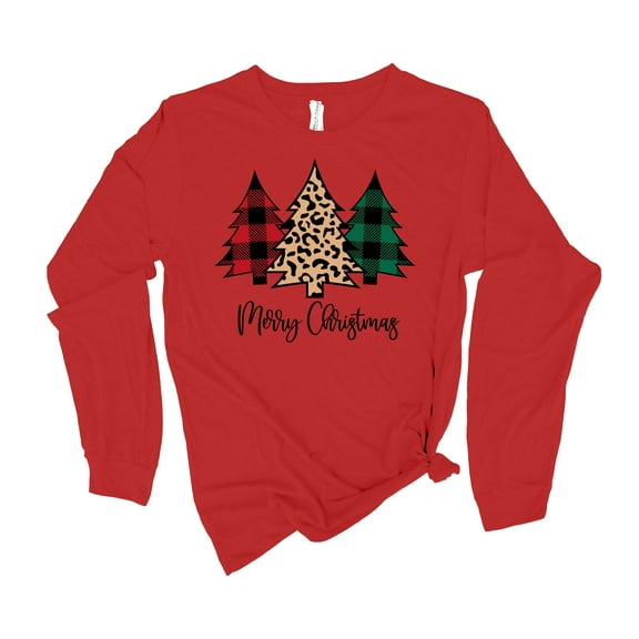 Womens Christmas Tshirt Buffalo Plaid Christmas Trees Merry Christmas Holiday Festive Ladies Long Sleeve T-shirt Graphic Tee-Red-xxl