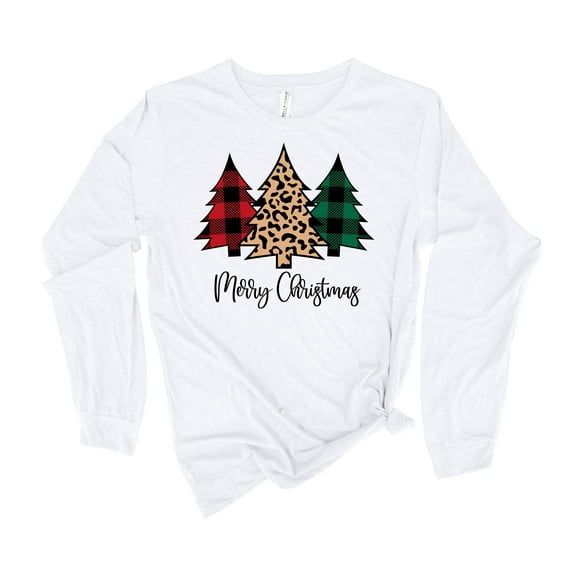 Womens Christmas Tshirt Buffalo Plaid Christmas Trees Merry Christmas Holiday Festive Ladies Long Sleeve T-shirt Graphic Tee-White-small