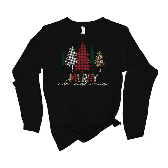 Womens Christmas Tshirt Buffalo Plaid Trees Merry Christmas Colors Holiday Festive Ladies Long Sleeve T-shirt Graphic Tee-Black-medium