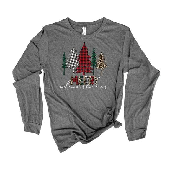 Womens Christmas Tshirt Buffalo Plaid Trees Merry Christmas Colors Holiday Festive Ladies Long Sleeve T-shirt Graphic Tee-Deep Heather-medium