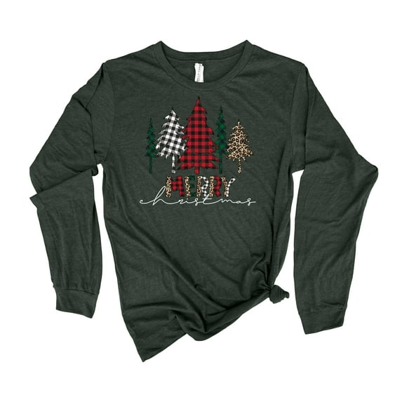 Womens Christmas Tshirt Buffalo Plaid Trees Merry Christmas Colors Holiday Festive Ladies Long Sleeve T-shirt Graphic Tee-Heather Forest-5xl