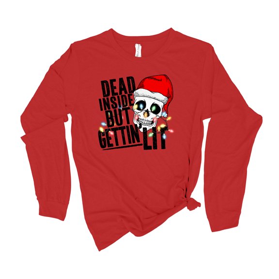 Womens Christmas Tshirt Dead Inside But Gettin Lit Holiday Festive Ladies Long Sleeve T-shirt Graphic Tee-Red-xl