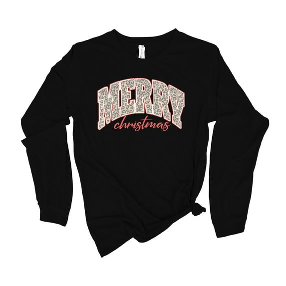 Womens Christmas Tshirt Leopard Print Merry Christmas Holiday Shirt Ladies Womens Long Sleeve T-shirt Christmas Graphic Tee-Black-xxl