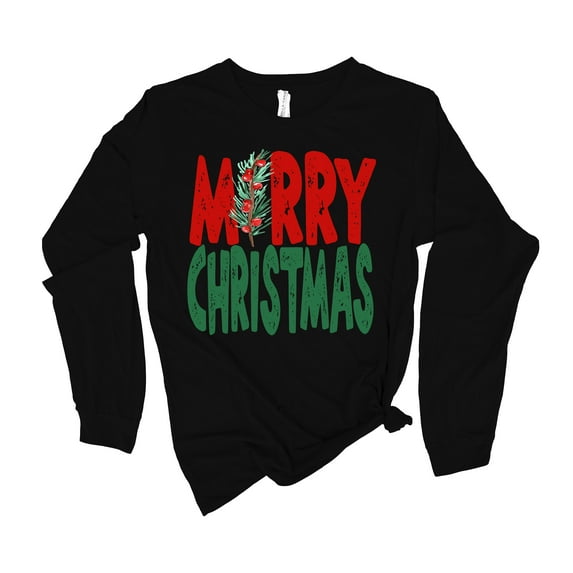 Womens Christmas Tshirt Merry Christmas Holly Merry Christmas Holiday Shirt Ladies Womens Long Sleeve T-shirt Christmas Graphic Tee-Black-small