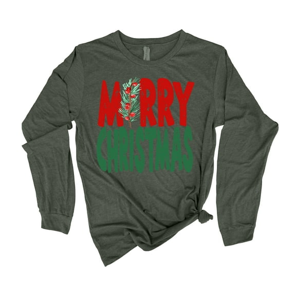 Womens Christmas Tshirt Merry Christmas Holly Merry Christmas Holiday Shirt Ladies Womens Long Sleeve T-shirt Christmas Graphic Tee-Heather Forest-xl