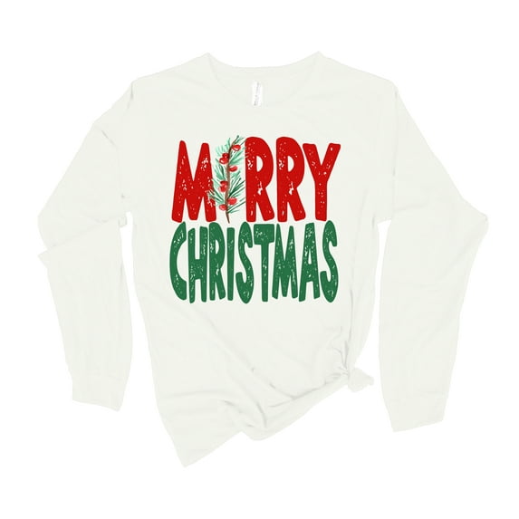 Womens Christmas Tshirt Merry Christmas Holly Merry Christmas Holiday Shirt Ladies Womens Long Sleeve T-shirt Christmas Graphic Tee-White Red-small