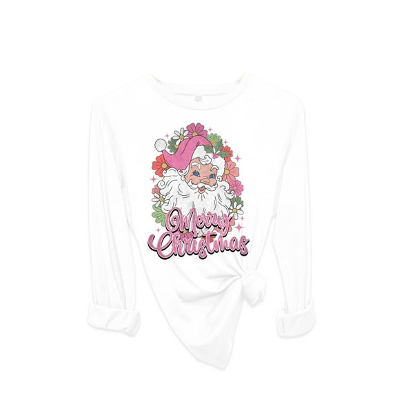 Womens Christmas Tshirt Merry Christmas Jolly Pink Santa Festive Holiday Long Sleeve T-shirt Graphic Tee-White-large