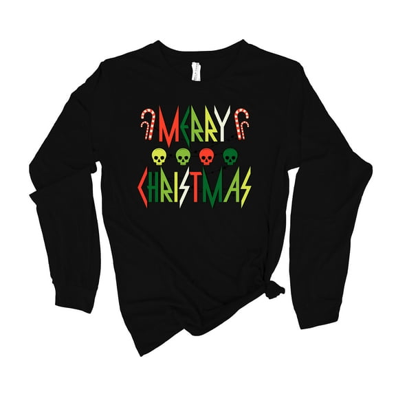 Womens Christmas Tshirt Merry Christmas Skulls Holiday Festive Ladies Long Sleeve T-shirt Graphic Tee-Black-medium