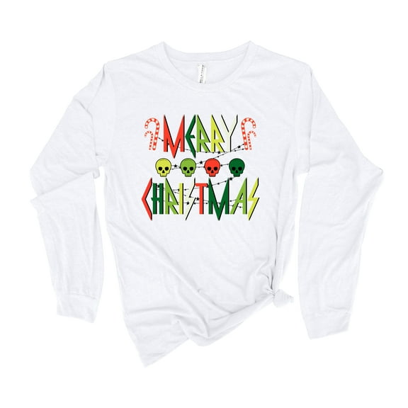 Womens Christmas Tshirt Merry Christmas Skulls Holiday Festive Ladies Long Sleeve T-shirt Graphic Tee-White-large