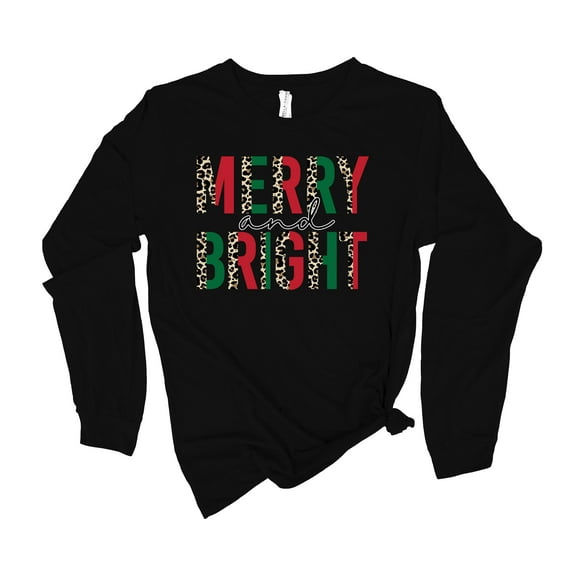 Womens Christmas Tshirt Merry and Bright Merry Christmas Holiday Shirt Ladies Womens Long Sleeve T-shirt Christmas Graphic Tee-Black-medium