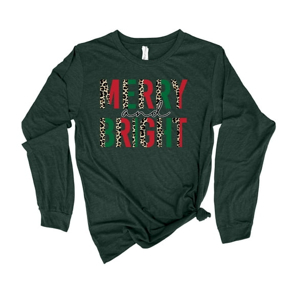 Womens Christmas Tshirt Merry and Bright Merry Christmas Holiday Shirt Ladies Womens Long Sleeve T-shirt Christmas Graphic Tee-Heather Forest-small