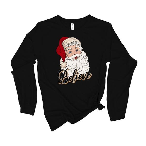 Womens Christmas Tshirt Santa Claus Believe Holiday Festive Ladies Long Sleeve T-shirt Graphic Tee-Black-large
