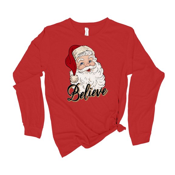 Womens Christmas Tshirt Santa Claus Believe Holiday Festive Ladies Long Sleeve T-shirt Graphic Tee-Red-large