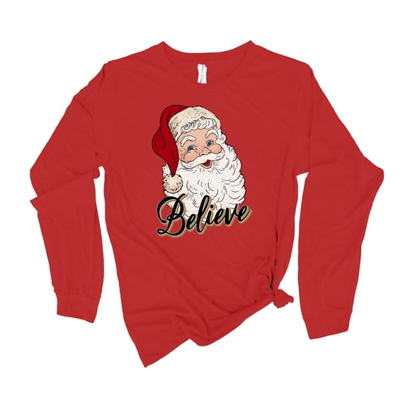 Womens Christmas Tshirt Santa Claus Believe Holiday Festive Ladies Long Sleeve T-shirt Graphic Tee-Red-xl