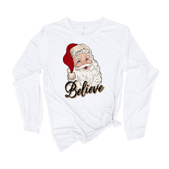 Womens Christmas Tshirt Santa Claus Believe Holiday Festive Ladies Long Sleeve T-shirt Graphic Tee-White-small