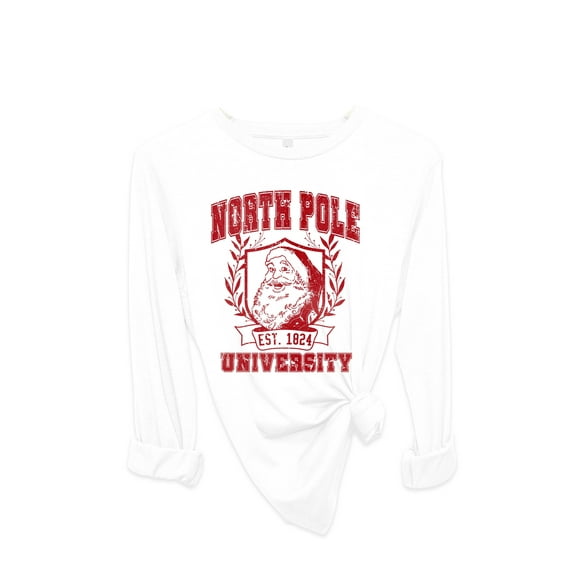 Womens Christmas Tshirt Santa North Pole University Festive Holiday Long Sleeve T-shirt Graphic Tee-White-xl