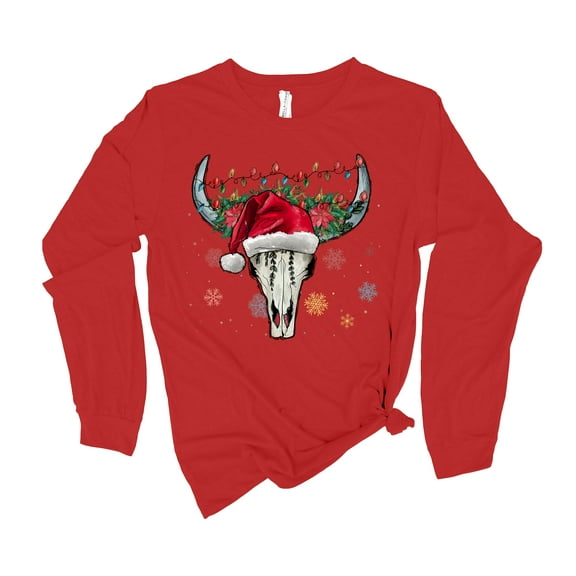 Womens Christmas Tshirt Steer Skull Christmas Lights Holiday Festive Ladies Long Sleeve T-shirt Graphic Tee-Red-xl
