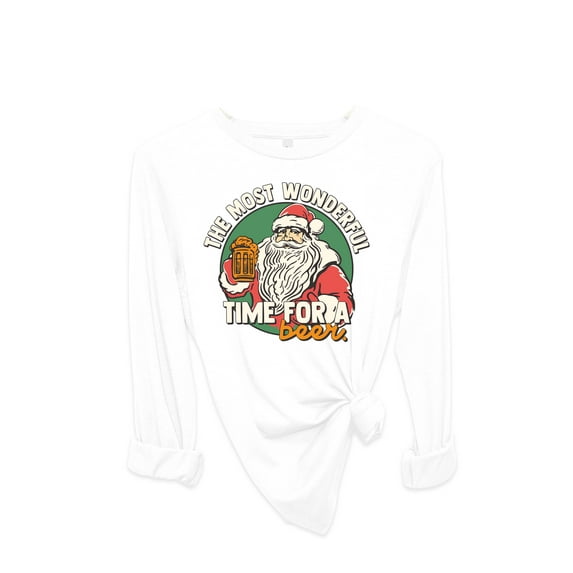 Womens Christmas Tshirt The Most Wonderful Time for A Beer Festive Holiday Long Sleeve T-shirt Graphic Tee-White-medium