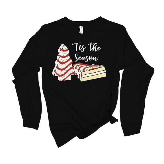 Womens Christmas Tshirt Tis The Season Christmas Tree Cake Holiday Festive Ladies Long Sleeve T-shirt Graphic Tee-Black-xl