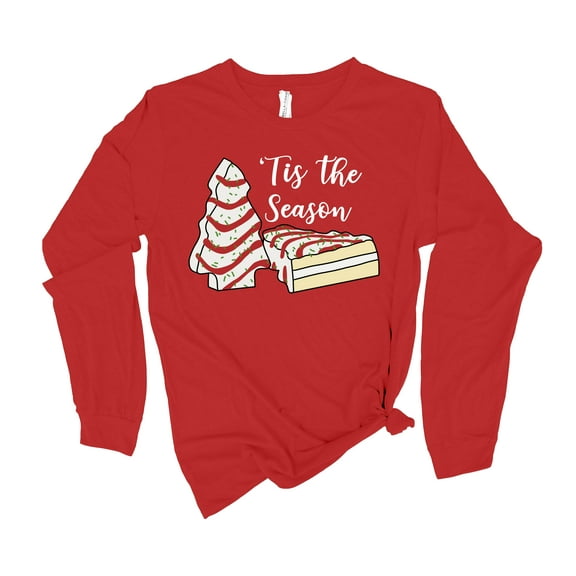 Womens Christmas Tshirt Tis The Season Christmas Tree Cake Holiday Festive Ladies Long Sleeve T-shirt Graphic Tee-Red-large