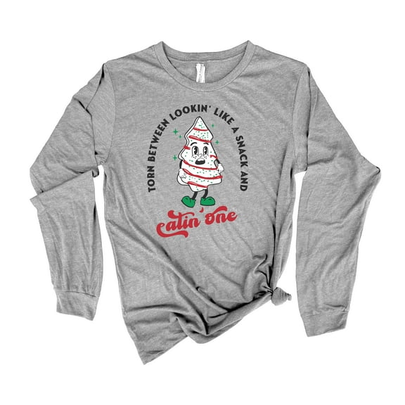 Womens Christmas Tshirt Torn Between Looking Like A Snack or Eating One Christmas Tree Cake Holiday Festive Ladies Long Sleeve T-shirt Graphic Tee-Ahtletic Heather-xl