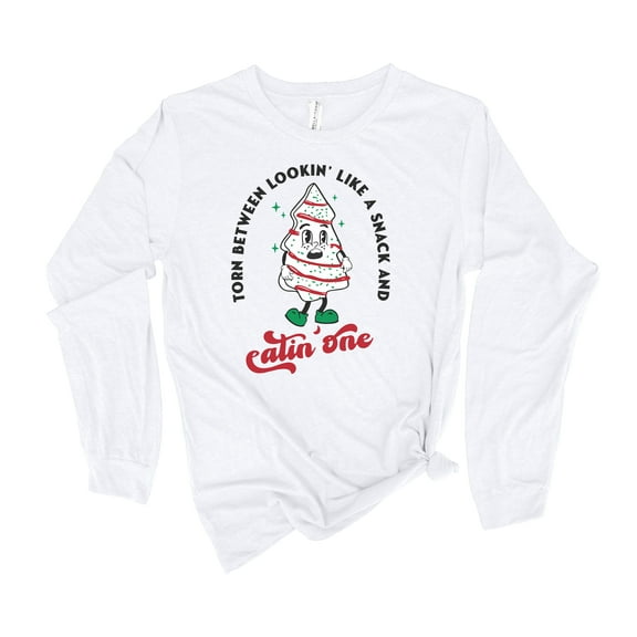 Womens Christmas Tshirt Torn Between Looking Like A Snack or Eating One Christmas Tree Cake Holiday Festive Ladies Long Sleeve T-shirt Graphic Tee-Heather Forest-xl