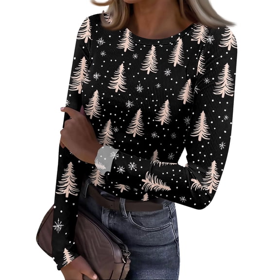 Womens Christmas Underscrub Long Sleeve Print Ribbed Knit Crew Neck Undershirts For Women Christmas Going Out Basic Slim Fit Shirts