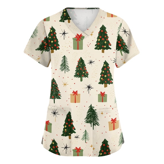 Womens Christmas V-Neck Scrub Shirts, Four-Way Stretch Short Sleeve Workwear Graphic Print Pocket Side Slit Uniform Tee, White, 3XL