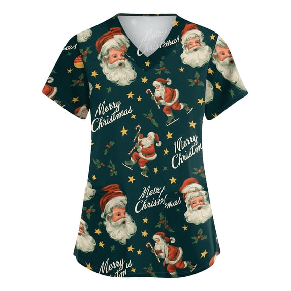 Womens Christmas V-Neck Scrub Tops, Short Sleeve 4-Way Stretch Two Side Slits Pocket Graphic Print Workwear Shirts, Green, M