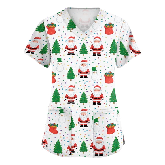 Womens Christmas V-Neck Work Uniform, Short Sleeve 4-Way Stretch Side Slits Pocket Graphic Printed Scrub Tops Shirts, Vermilion, S