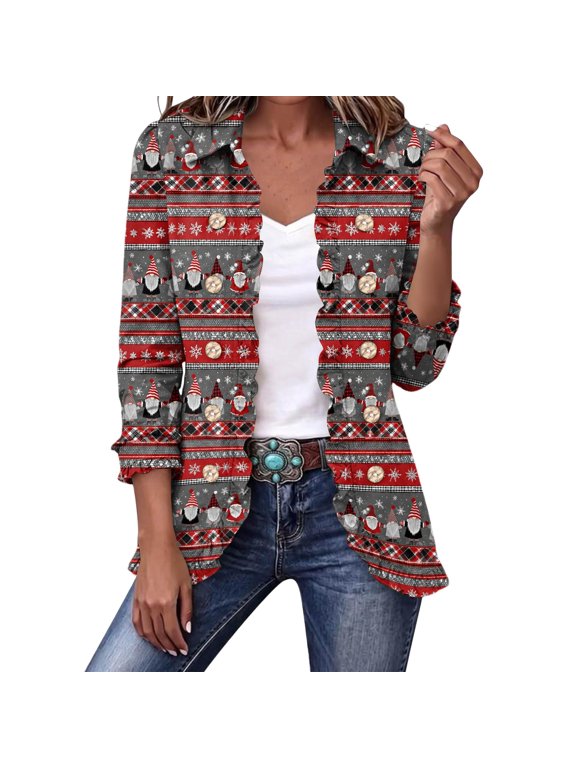 Womens Christmas Vintage Jackets Casual Printed Long Sleeve Lapel Blazer Tops Fashion Holiday Party Outerwear