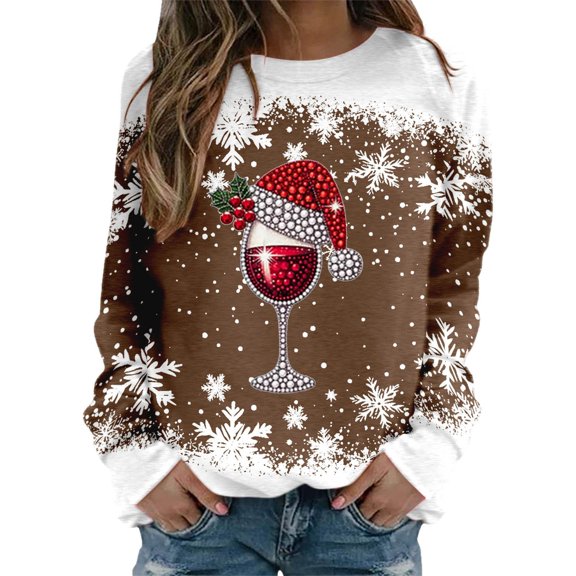Womens Christmas Warm Sweatshirt Festive Long Sleeve Versatile Style Printed Great for Outdoor Errands and Gift Giving for the Christmas Season