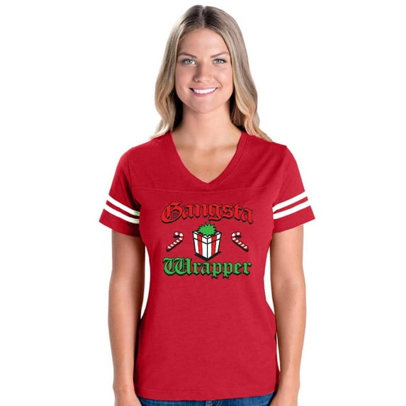 Womens Christmas Wrapper Football V-Neck T-Shirt
