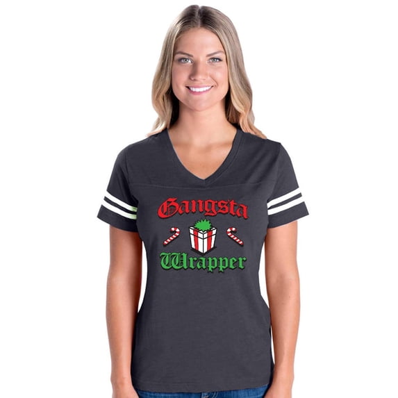 Womens Christmas Wrapper Football V-Neck T-Shirt