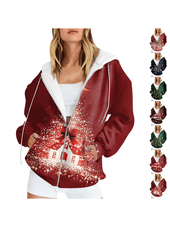 Womens Christmas Zip Up Hoodie Snowflake Merry Christmas Print Full Zip Holiday Jacket L