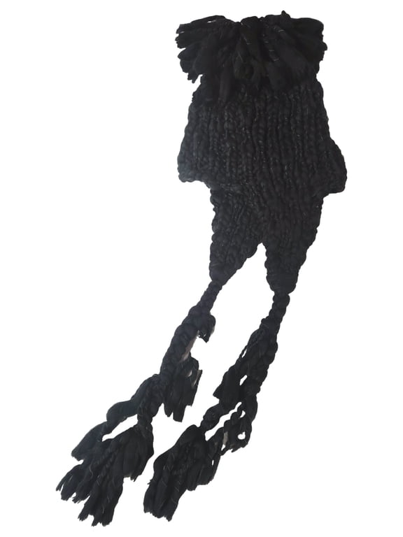 Womens Chunky Black Knit Braided Trapper Hat Cap