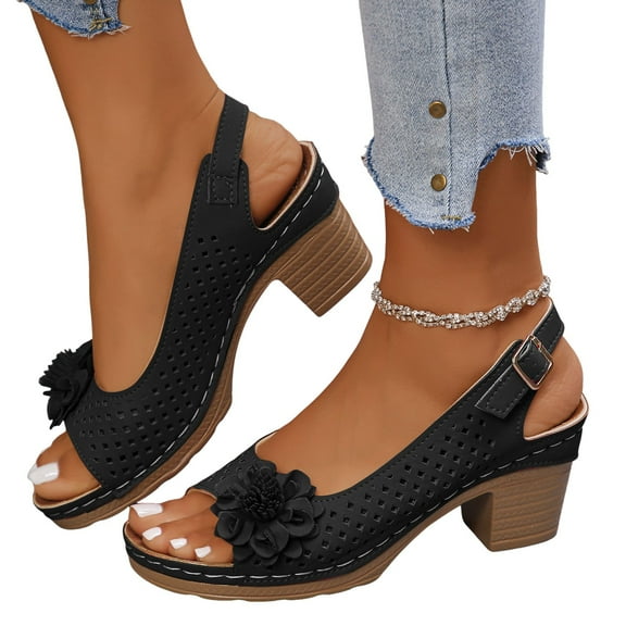 Womens Chunky Block Heels Wedges Shoes Open Toe Slip On Shoes Dressy Slingback Heels for Women
