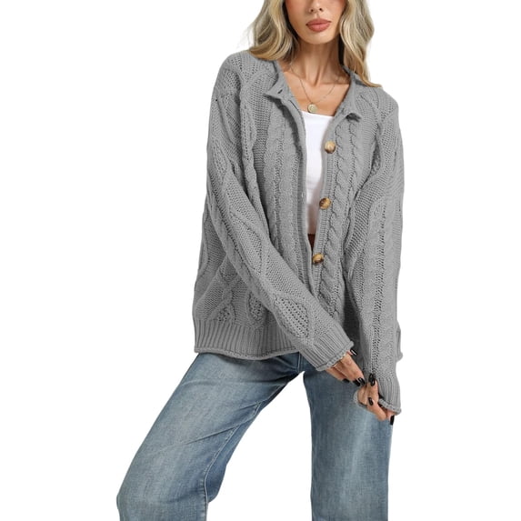 Womens Chunky Cable Knit Cardigan, Button Front Long Sleeve Sweater for Casual Wear
