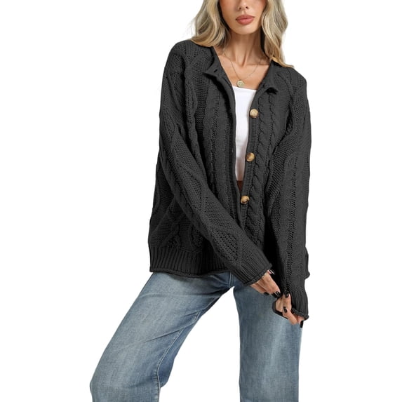 Womens Chunky Cable Knit Cardigan, Button Front Long Sleeve Sweater for Casual Wear