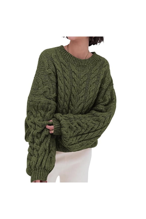 Womens Chunky Cable Knit Pullover Sweater Oversized Long Sleeve Crewneck Soft Loose Casual Knitted Jumper Top
