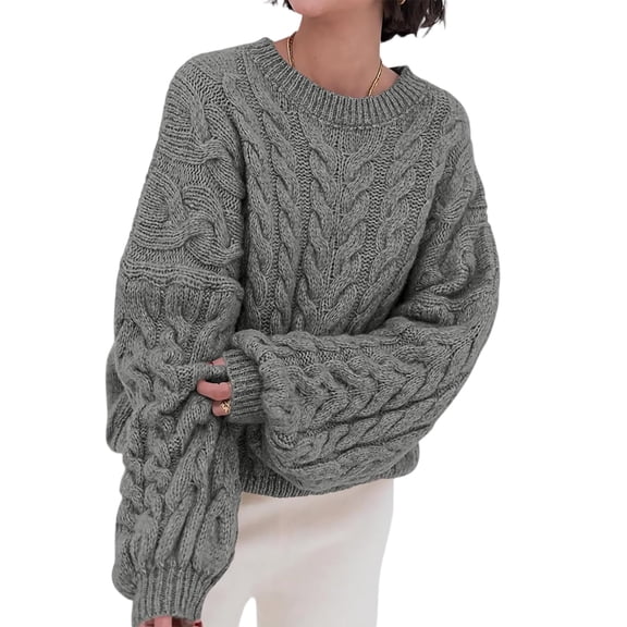 Womens Chunky Cable Knit Pullover Sweater Oversized Long Sleeve Crewneck Soft Loose Casual Knitted Jumper Top