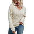 thumbnail image 1 of Womens Chunky Cable Knit Sweater Fall Comfy V Neck Hooded Pullover Tunic Solid Color Long Sleeve Sweater Tops, 1 of 7