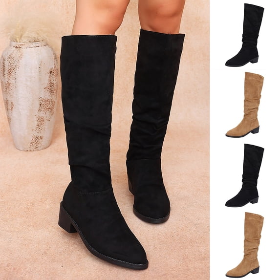 Womens Chunky Heel Knee High Boots Suede Round Toe Fall Winter Tall Boots Brown 9.5(43)