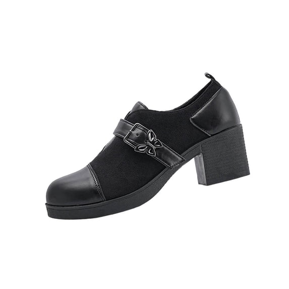 Womens Chunky Heel Mary Jane Shoes - 3 Inch Block Heel Comfort Pumps, Round Toe Buckle Strap, Black Faux Suede & Patent Vegan Faux Leather,Size 6