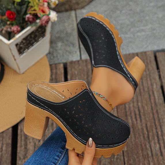 Womens Chunky Heel Platform Mules - Breathable Perforated PU Faux Leather Slip On Sandals with Cushioned Insole Black,Size 40
